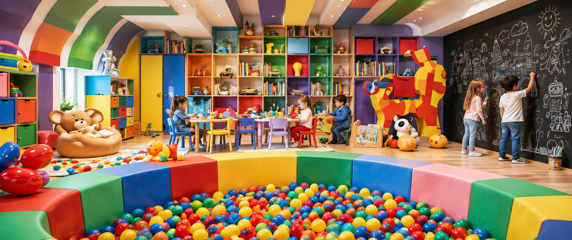 A wide shot of a bright playroom filled with a rotating Whirl toy kit